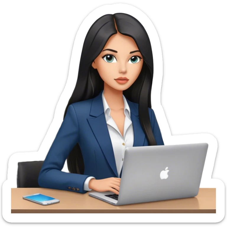 Glamours tanned very beautiful girl with pump peach lips and black straight smooth long hair, blue-grey eyes in blazer (only blazer) with MacBook in the office sticker