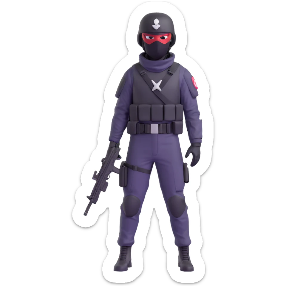 armed figure in all-black military clothing, shiesty mask, and helmet, standing in a ready pose sticker