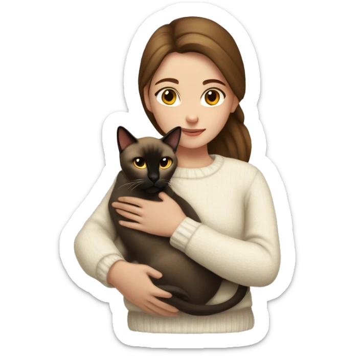 a girl with brown hair, in a white sweater, hugs a Siamese cat. sticker