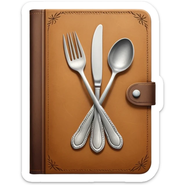Closed cookbook with a fork and spoon symbol on the cover – collection of recipes sticker