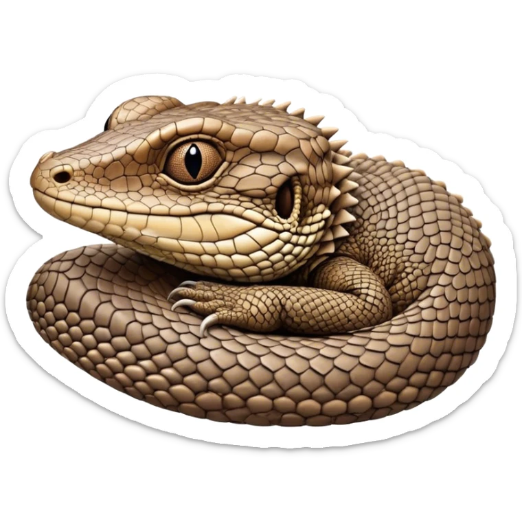 Meme-Worthy cute Sleeping brown camo spotted monitor Lizard Portrait Emoji, Head resting peacefully with a contented smile, showcasing intricately patterned scales and eyes gently closed in serene slumber, Simplified yet comically adorable features, highly detailed, glowing with a soft, drowsy earthy light, high shine, relaxed and utterly lovable, stylized with an air of playful laziness, bright and heartwarming, soft glowing outline, capturing the essence of a sleeping reptilian guardian that feels destined to become the next viral icon of adorable rest! sticker