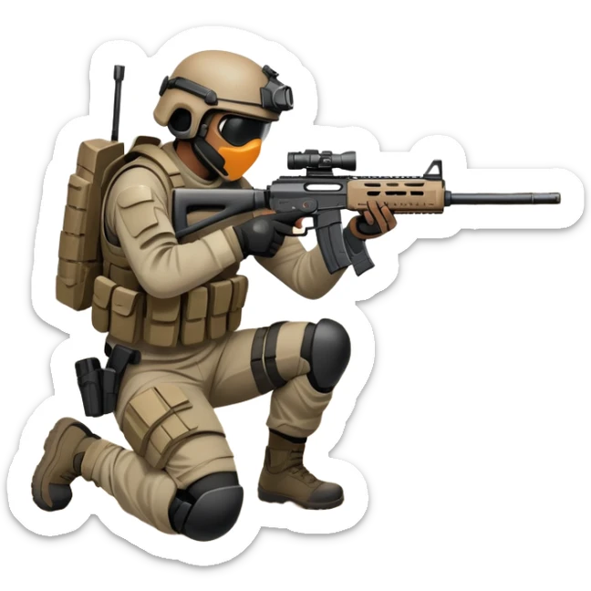 A skilled airsoft player in tactical gear, aiming a gun and shooting metal BBs in a desolate, ruined landscape. The setting is filled with broken walls and debris, creating a tense atmosphere of strategy and precision in a high-stakes tactical environment sticker