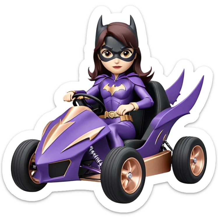 Hot full size real size-appearance electric road racing sexy BatGirl’s feminine midnight-colored tight outfit sixty’s tv show inspired dark stealthy sporty safe plush deluxe off-road pursuit cruiser car rose gold accents (black hair,reclined and relaxed torso and shoulders seating position) go kart  sticker