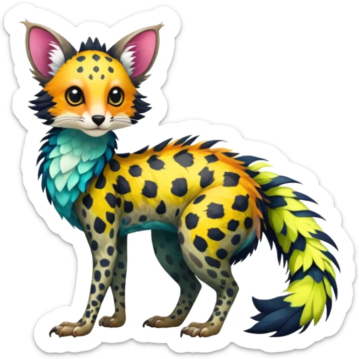 Feral Rare Fantasy vibrant tropical Vernid-Trico-species by LiLaiRa, random markings, tufted tail, tufted ears, full body sticker