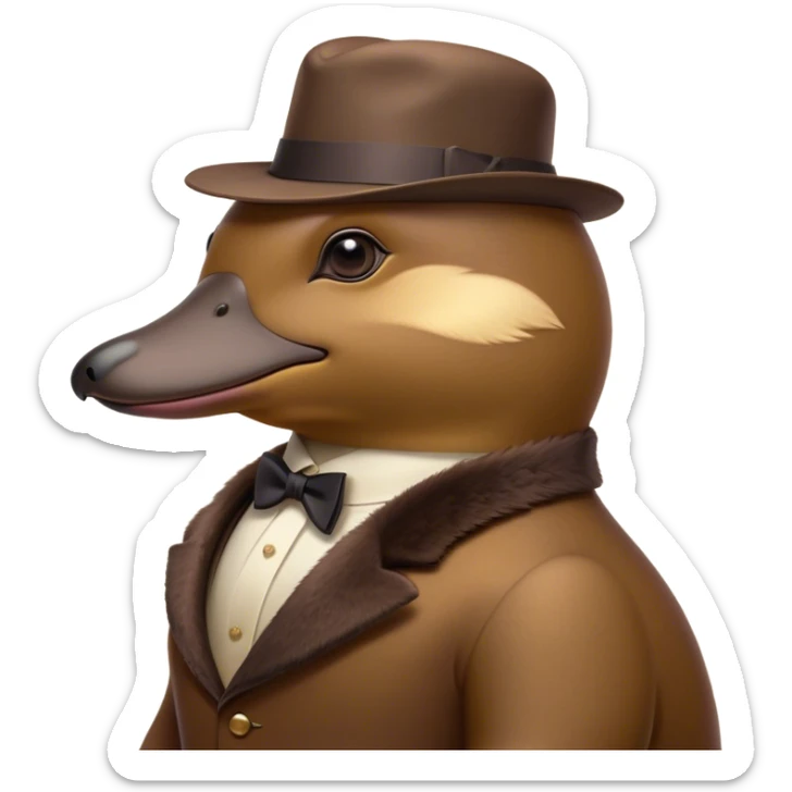 Cinematic Noble Platypus Portrait Emoji, Poised and regal, with a uniquely streamlined build and a sleek, well-groomed brown fur, a distinctive flat duckbill and broad, beaver-like tail, deep-set soulful eyes full of wonder, Simplified yet sharp and sophisticated features, highly detailed, glowing with a soft, dignified glow, high shine, intelligent and enigmatic, stylized with an air of aquatic curiosity, focused and attentive, soft glowing outline, capturing the essence of a watchful and confident oddity, so majestic it feels as though it could glide out of the screen with effortless authority! sticker