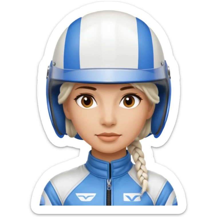 woman with white braided hair in blue racer helmet sticker