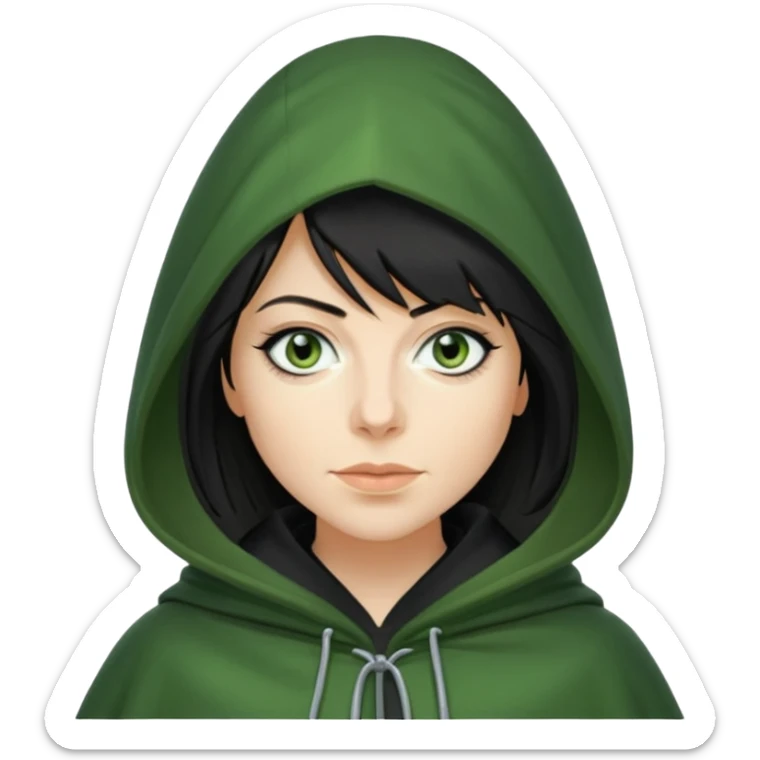 claudia winkleman as a traitor with a green hooded cloak and dark black eyeliner sticker