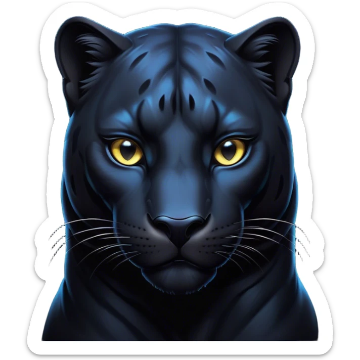 Cinematic Noble Panther Portrait Emoji, Poised and regal, with a sleek, muscular build draped in glossy, midnight-black fur and piercing, luminescent eyes, Simplified yet sharp and sophisticated features, highly detailed, glowing with a soft, mysterious glow, high shine, intelligent and enigmatic, stylized with an air of stealthy authority, focused and commanding, soft glowing outline, capturing the essence of a watchful and confident jungle guardian that appears ready to prowl out of the screen with effortless authority! sticker