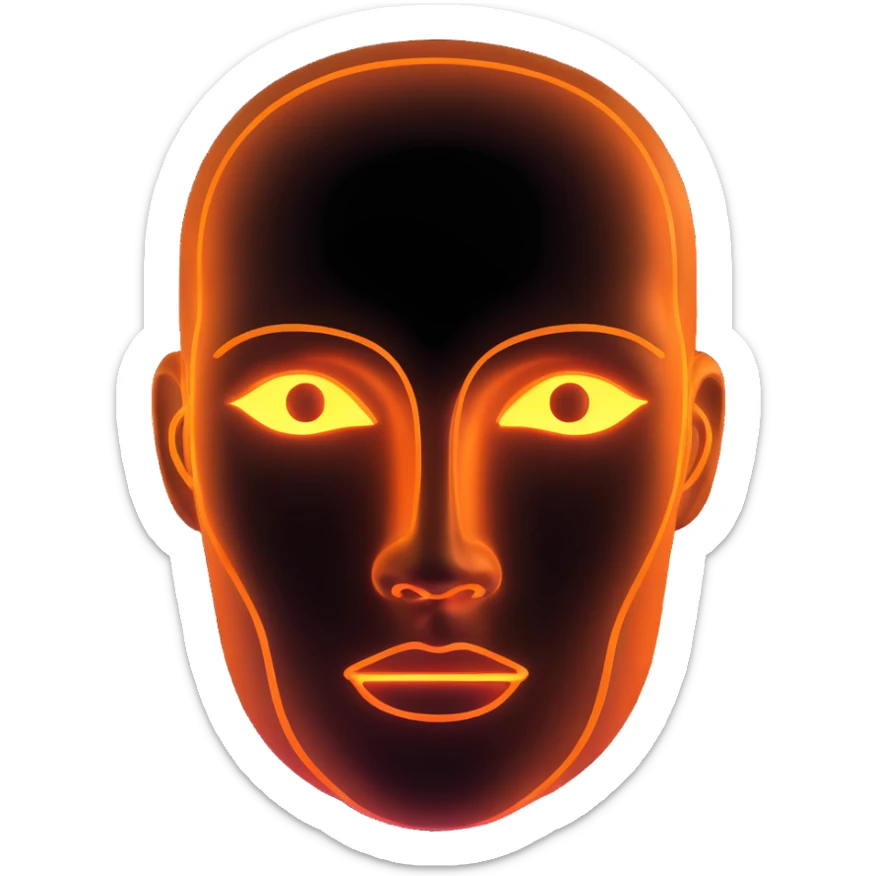 Minimalist futuristic AI avatar — clean glowing outline of a humanoid face, half-abstract with light reflections. sticker