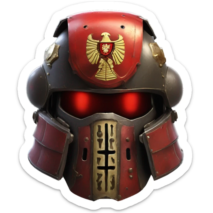 Space Marine Warhammer 40K helmet with red lenses, featuring the Russian coat of arms. sticker