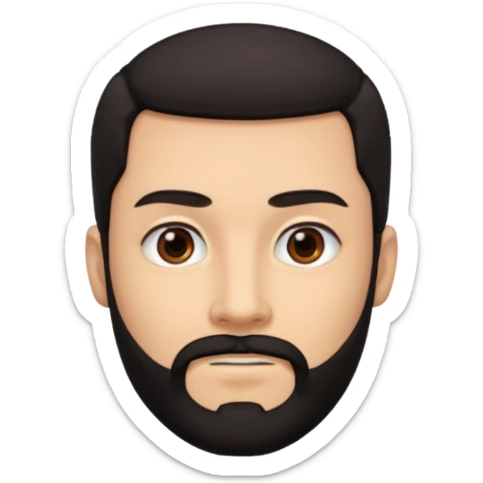 A man with black eyes. With a black beard and medium smooth hair. with the neck sticker