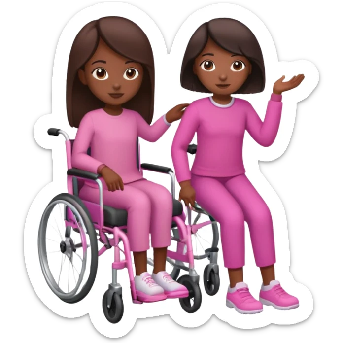 One dark brown sister pushing her brown sister in a pink wheelchair sticker