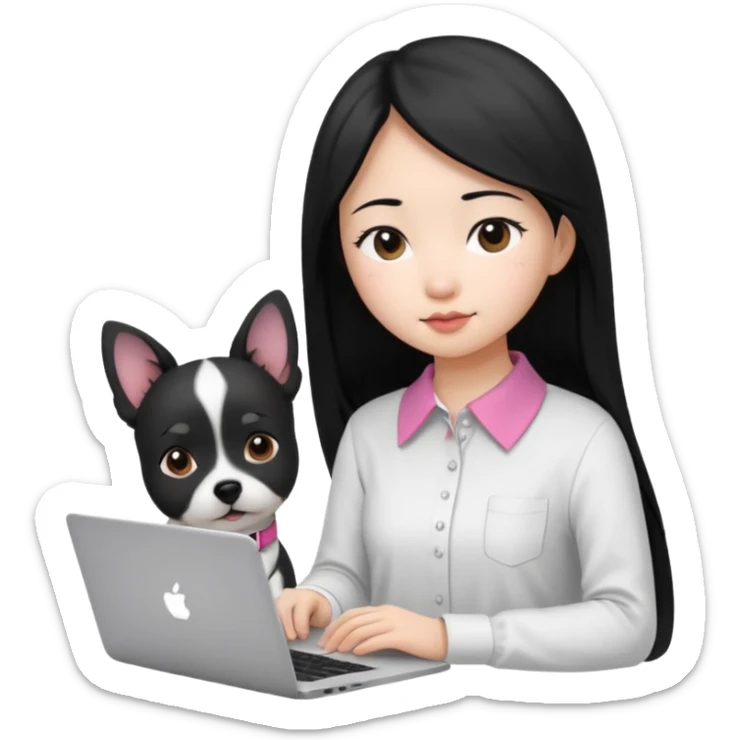Blue back ground, Asian girl with long black hair , wearing a white shirt, working on an Apple laptop, next to her is a small black and white dog with pink collar on  sticker
