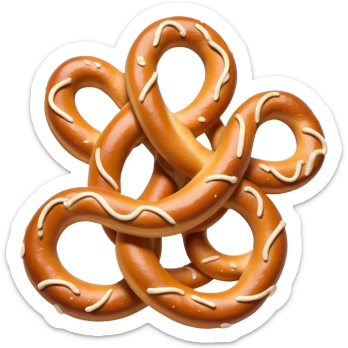Cinematic Realistic Pretzels Dish Emoji, featuring freshly baked, twisted pretzels with a glossy, salted crust rendered with detailed textures and warm, appetizing lighting. sticker