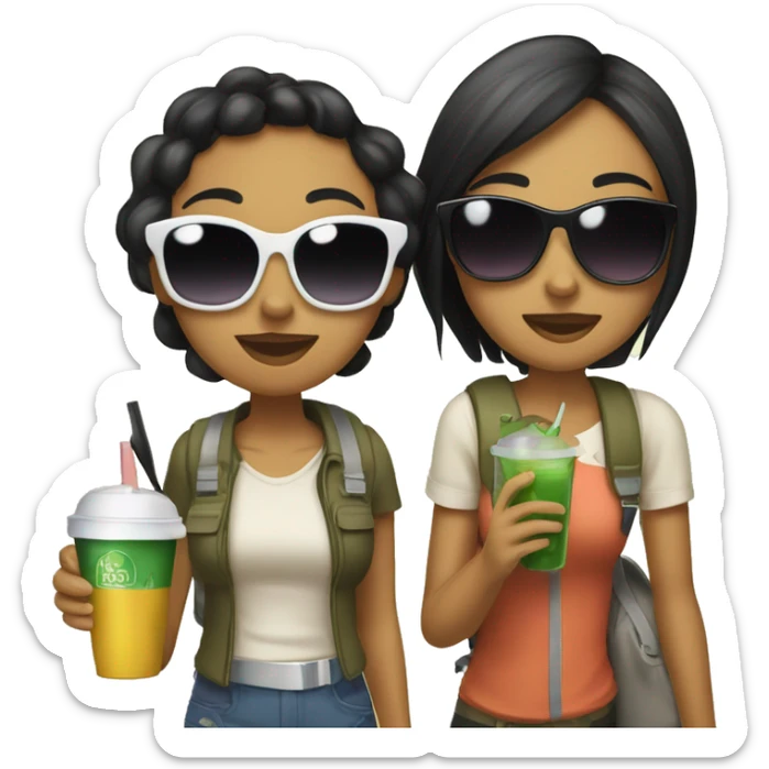 two girls going on a trip, both with black hair and olive skin, wearing sunglasses, carrying luggage and holding a drink on their hand sticker