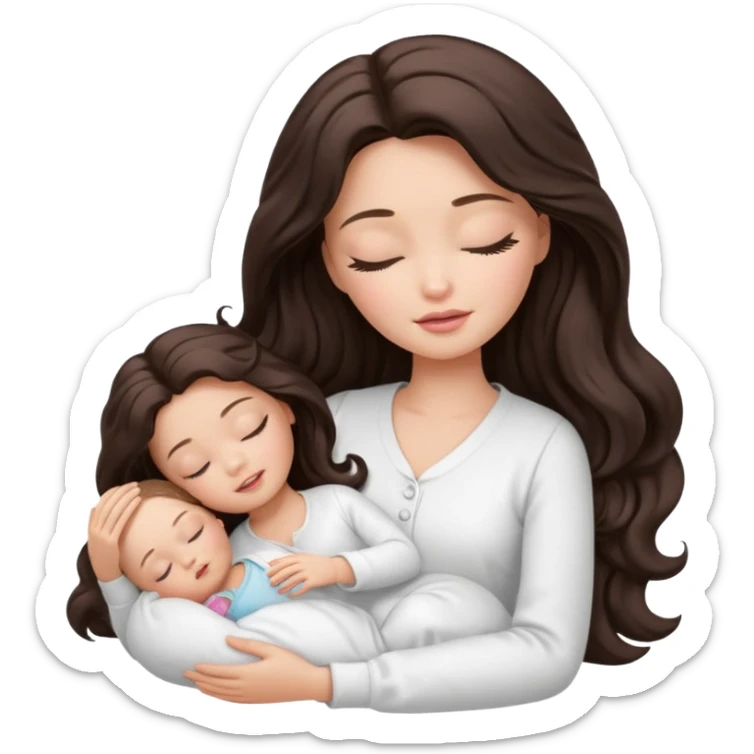White Barbie girl dark brown long wavy hair in white clothes sleeping with white baby at cream bed, eyes are closed sticker