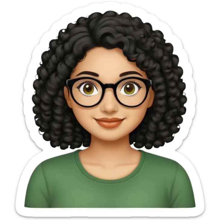 Hispanic woman in her 20s with caramel skin tone. Round face with prominent cheeks and dimples. Dark eyes with black thick-framed glasses. Shoulder-length curly black hair with defined curls. Wide sincere smile. Wearing a green casual top. sticker