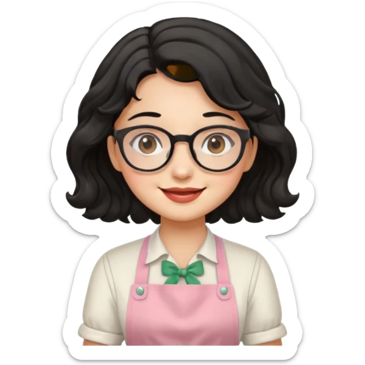 girl with apron, black wavy hair, wearing glasses, a little blush on her cheek sticker