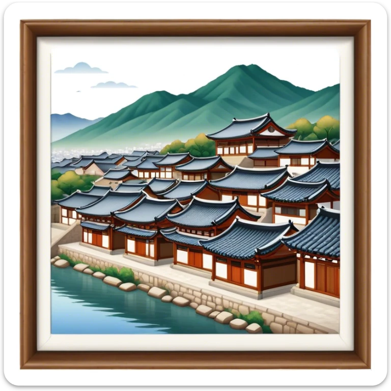 Cinematic Realistic Bukchon Hanok Village Landmark Emoji, depicted with traditional Korean houses set against a scenic backdrop rendered with detailed textures and warm, inviting lighting. sticker