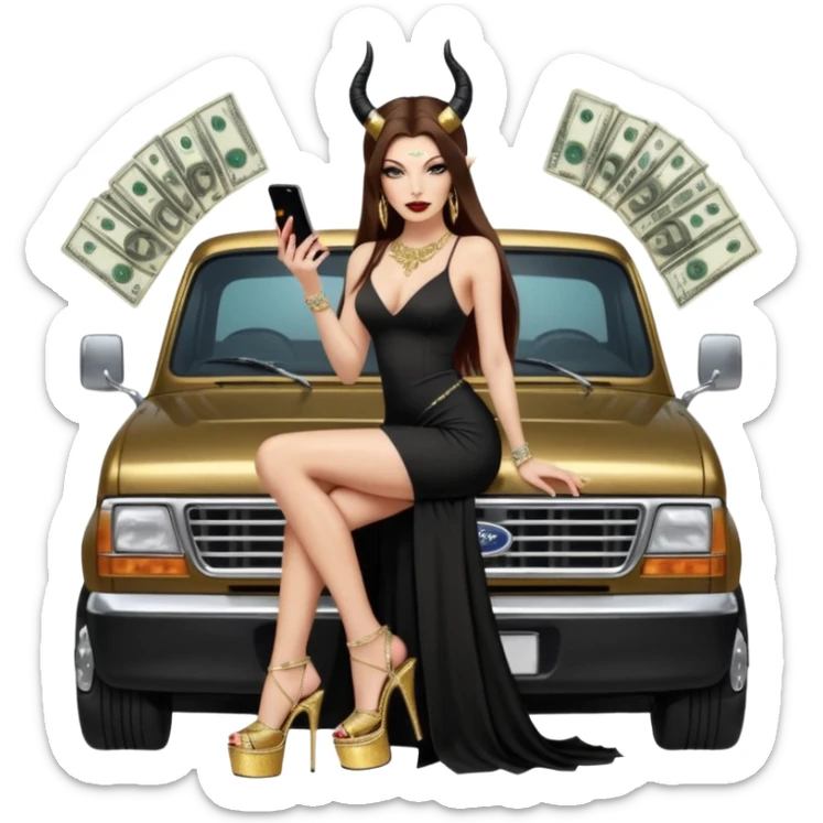 Sensual queen long brown straight haired sexy drug lord woman with  glitter platform high heels on her feet,  and devil black horns on her head, holding a stack of cash, has a phone in other hand. Sitting on the hood of a  gold ford350 pickup truck  full of drugs, long black dress with sexy slit sticker