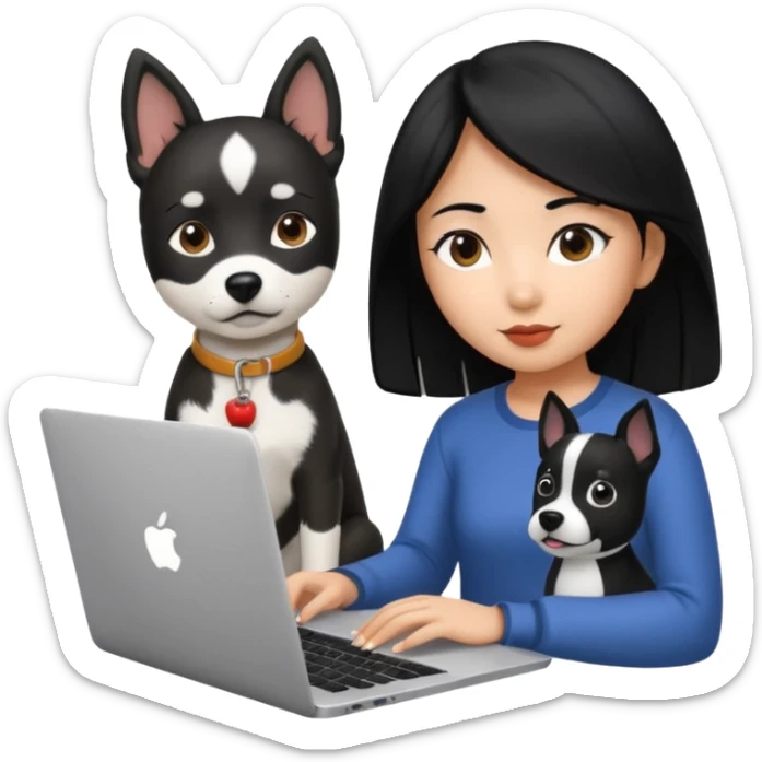 Asian girl with black hair working on an Apple laptop, next to her is a black and white dog sticker