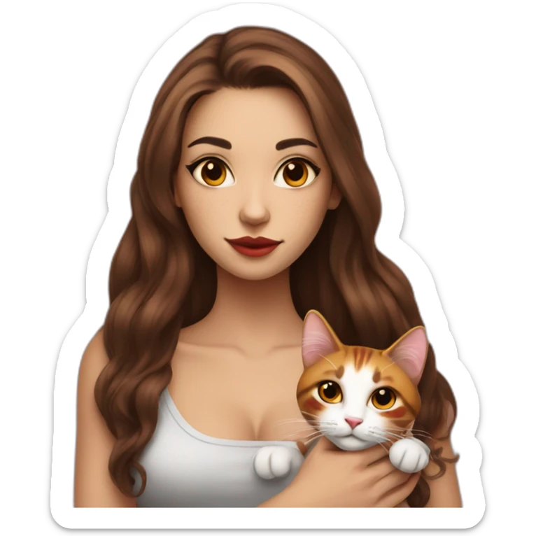 young tattooed woman with  brunette long hair holding a red and white cat in her hands sticker