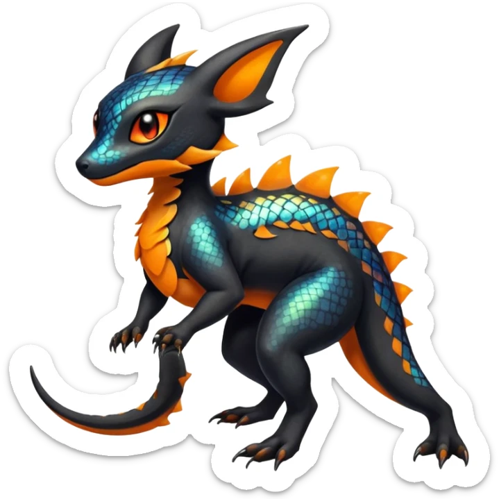 Colorful Iridescent Exotic Black and Orange Salandit-Aurorus-Umbreon-Fakémon-hybrid-creature (full body)  sticker