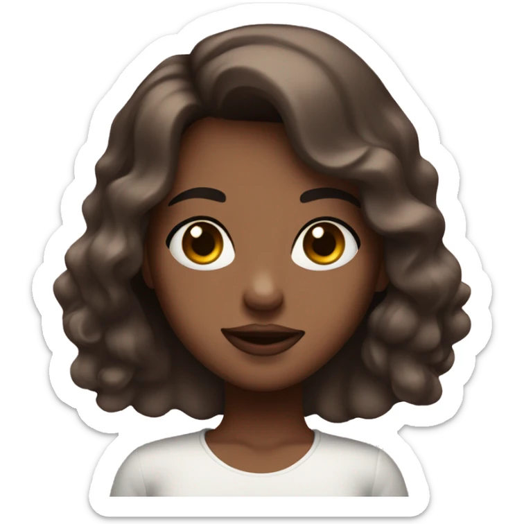 very brune girl with ondulanted hair with white skin and very brown eyes, pink lips, white top sticker