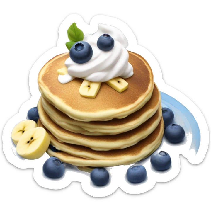Blueberry pancakes with whip cream and 1 banana sticking in the top sticker