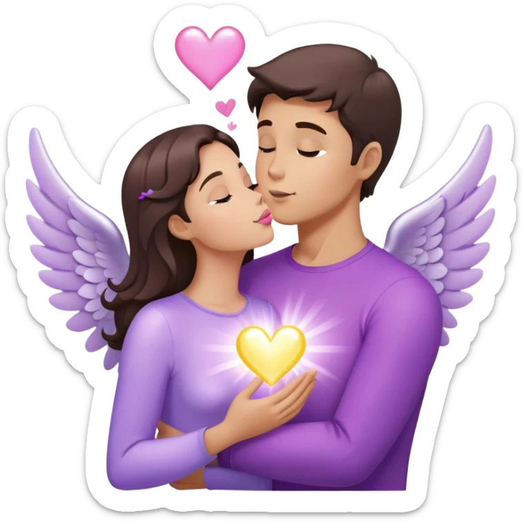 White brunette human man with rays of light Heart kisses a pastel purple angel woman sticker
