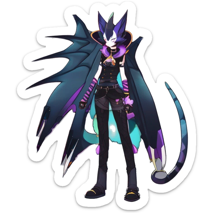 cool punk kawaii anime edgy distinguished pretty elegant beautiful fantasy black ethereal nargacuga-Noivern-sphynx-Quiana-Fakemon collar harness belt pouches full body sticker