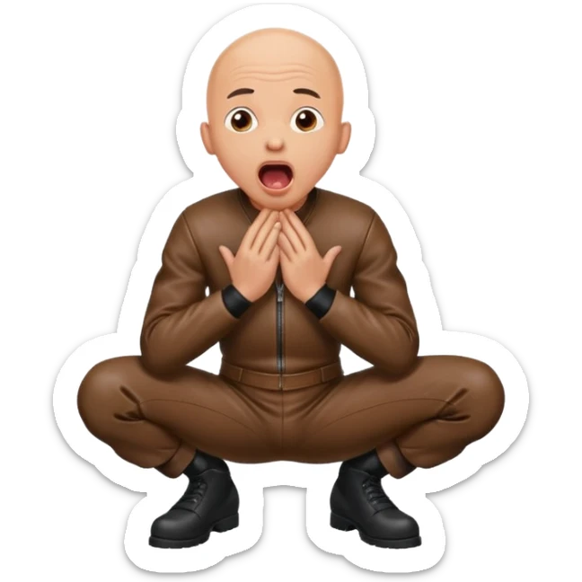 Bald man in leather on his knees, frightened with his tongue out, looking up sticker