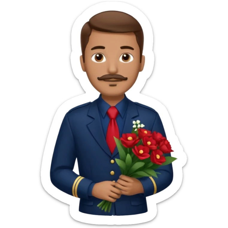 Homme avec bouquet fleurs blanches, avec uniforme bleu foncé cravate rouge, arabe raie sur le coté, brun un peu bronzé et yeux marrons 23 ans bouc moustache sans fleurs sur le costume  sticker