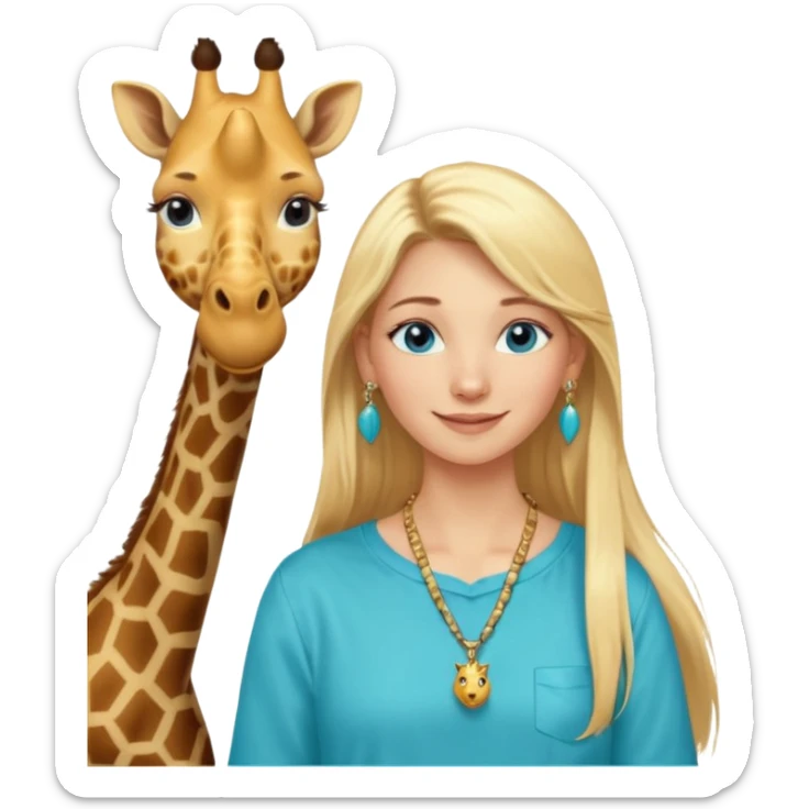 Swedish girl blonde long straigt hair blue eyes turqoise shirt gold earings, girrafe necklace gold small, long lashes smiling closed mouth sticker