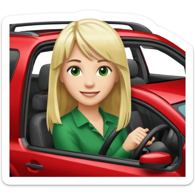 A Smiling Green Eyed, Long Haired Blonde with bangs driving a RED NISSAN ROGUE SUV sticker