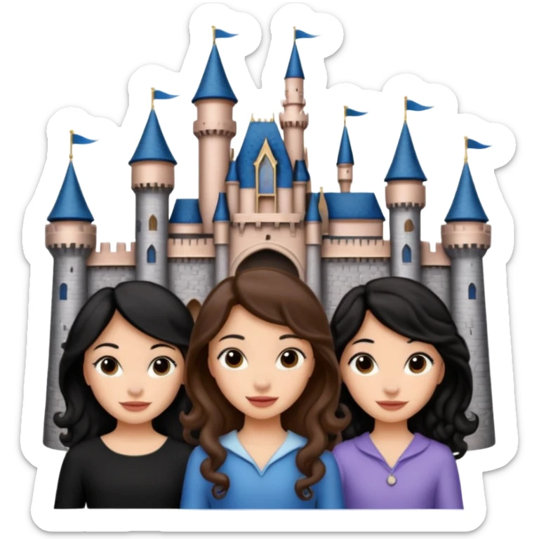 Quiero que crees una imagen donde este el castillo de Disney y por detrás o delante pon a 4 chicas: una con el pelo largo rizado marrón , otra con el pelo muy corto negro, otra con el pelo mediano liso marrón y otra con el pelo negro largo liso sticker