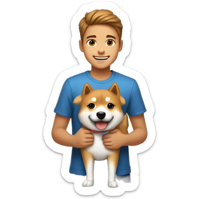 Light brown hairs boy with brown eyes and wide brows 12 years smiling and holding with dog shiba inu  sticker