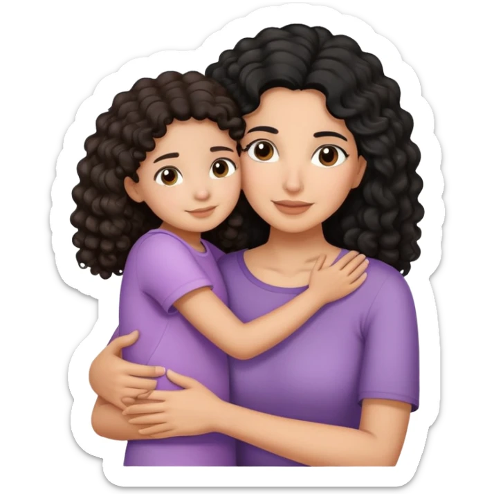 Hispanic mother with curly black hair and daughter with straight brown hair hugging sticker