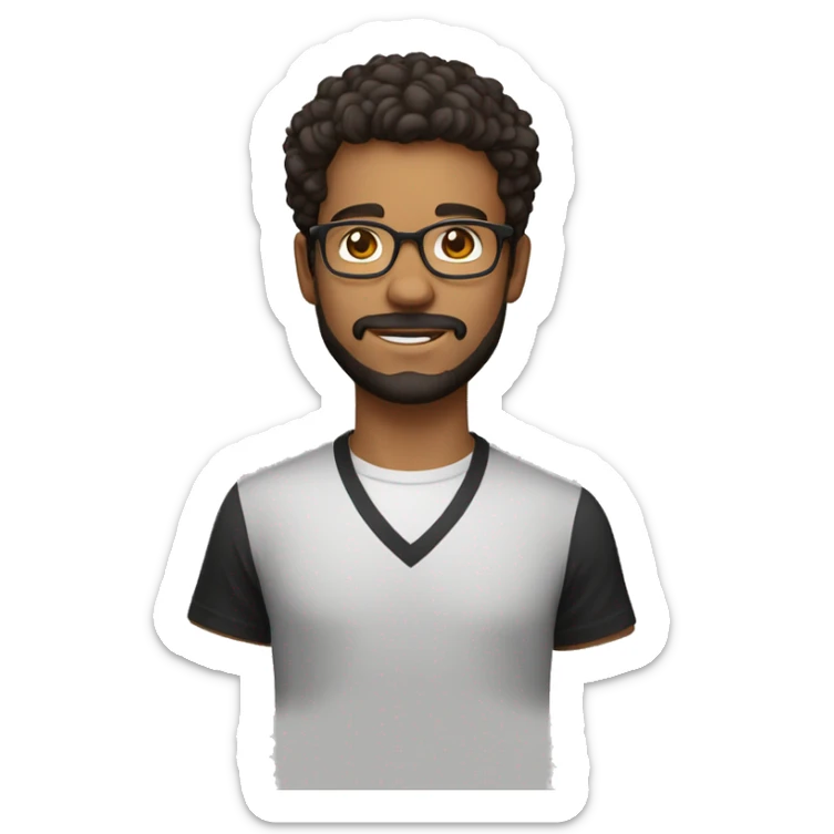 Jeune professeur cheveux noirs, yeux marrons foncés, à lunettes et barbu, avec une chemise noire et un t-shirt blanc sticker