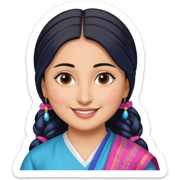 generate a pretty bratz emoji that looks like Kareena Kapoor's Geet character. 
Make her wear a white shirt with a colorful blue-pink dupatta wrapped around her neck. smiling big. Black hair tied into a side part ponytail

She should look exactly  like Kareena Kapoor sticker