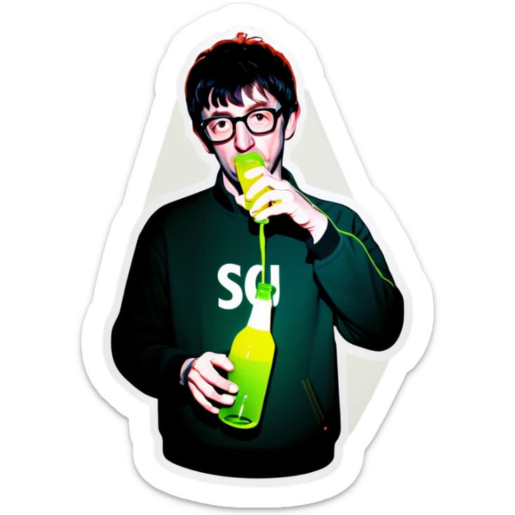 Blur guitarist Graham Coxon is drinking korean green bottle soju by right hand. sticker