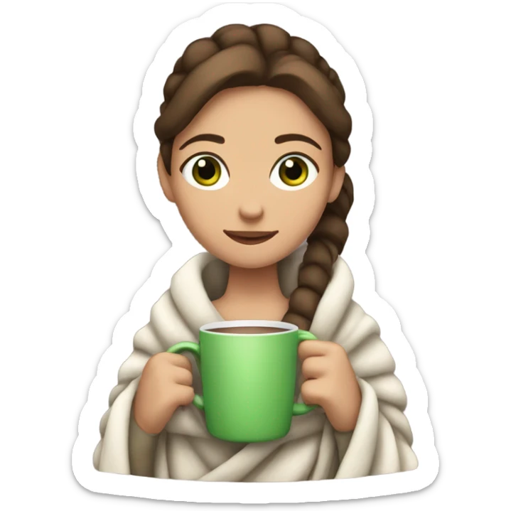 girl with brown hair with a ponytail wrapped in a blanket, she has green eyes, she is also holding a mug of hot chocolate. sticker