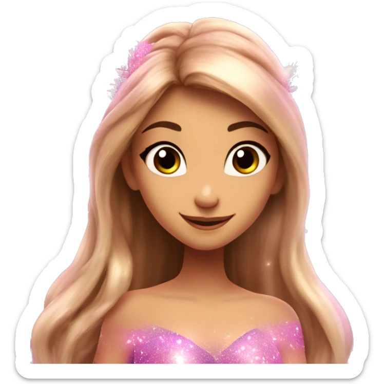 Flora the adult latina fairy of nature in her enchantix fairy pink clothing and fairy enchantix wings and long light brown hair from winx club. Small eyes, Lots of sparkles and fairydust. Full fairy bliss sticker