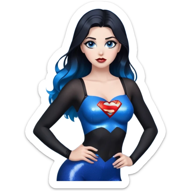 very very large chest-hands heart emoji -stunning beautiful face-black leggings-glitter lips-very long straight-dark-black to blue ombre hair-and-blue-eyes-a lot of black eyeliner-thick-long-eyelashes-sky blue with glitter superman character on bra sticker