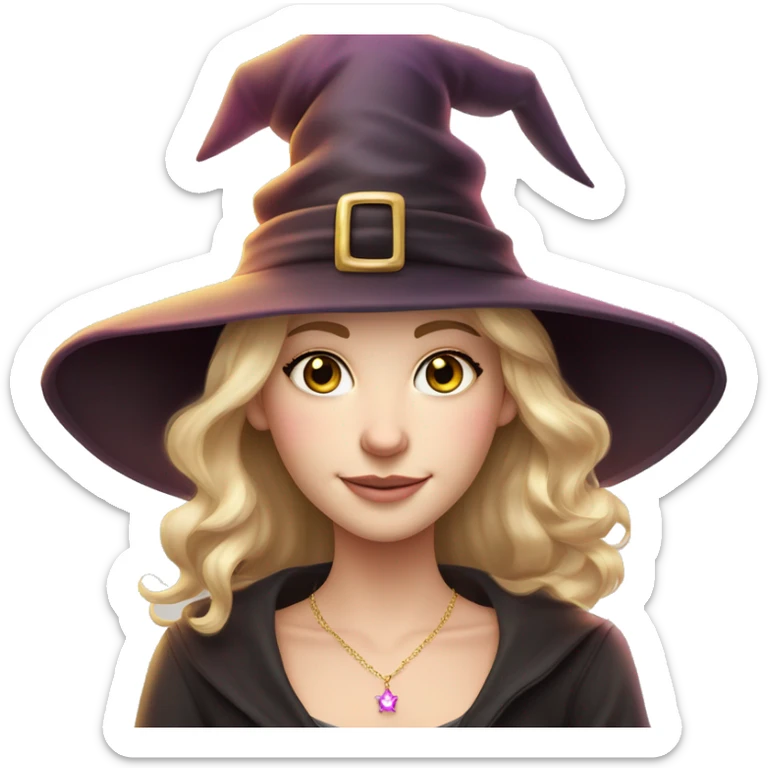Witchy darkblonde haired hazel eyed light freckles white girl with a witty smile a gold necklace and a pink witch hat sticker