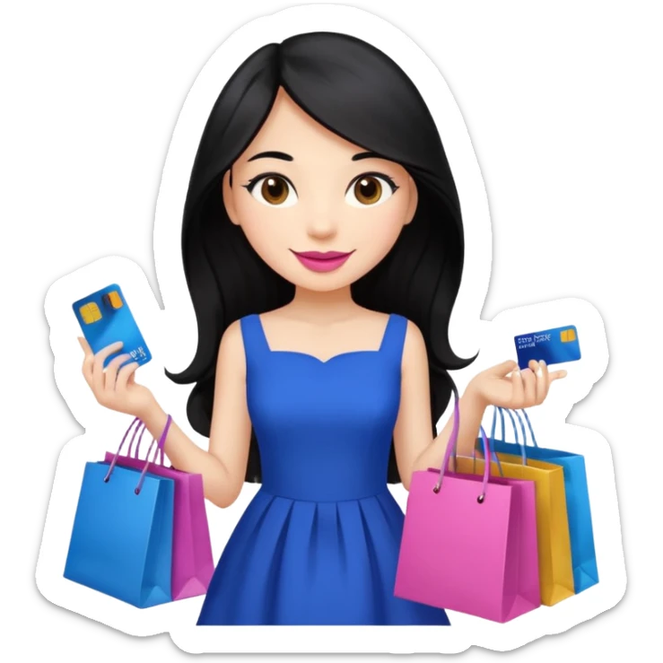 Girl with long black hair, pink lipstick, brown eyes holding shopping bags and blue credit card and wearing a dress  sticker
