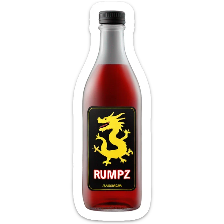 clear bottle with yellow dragon on a black and red label that says “RUMPZ” alcohol sticker