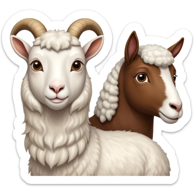 Portrait collage of domestic hooved animals: A calm goat with soft fur, a fluffy sheep with large eyes, and a noble horse with a shiny coat. Soft green meadow and distant hills in the background. Transparent background. sticker