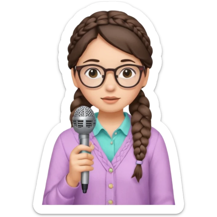 A shy braid brunette singer girl in pastel clothes with glasses, holding the mic with both hands. sticker