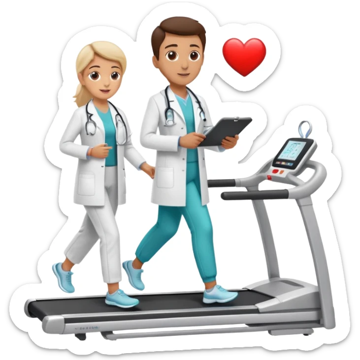 patient on a treadmill, doctor with clipboard supervising, heart monitor in background sticker